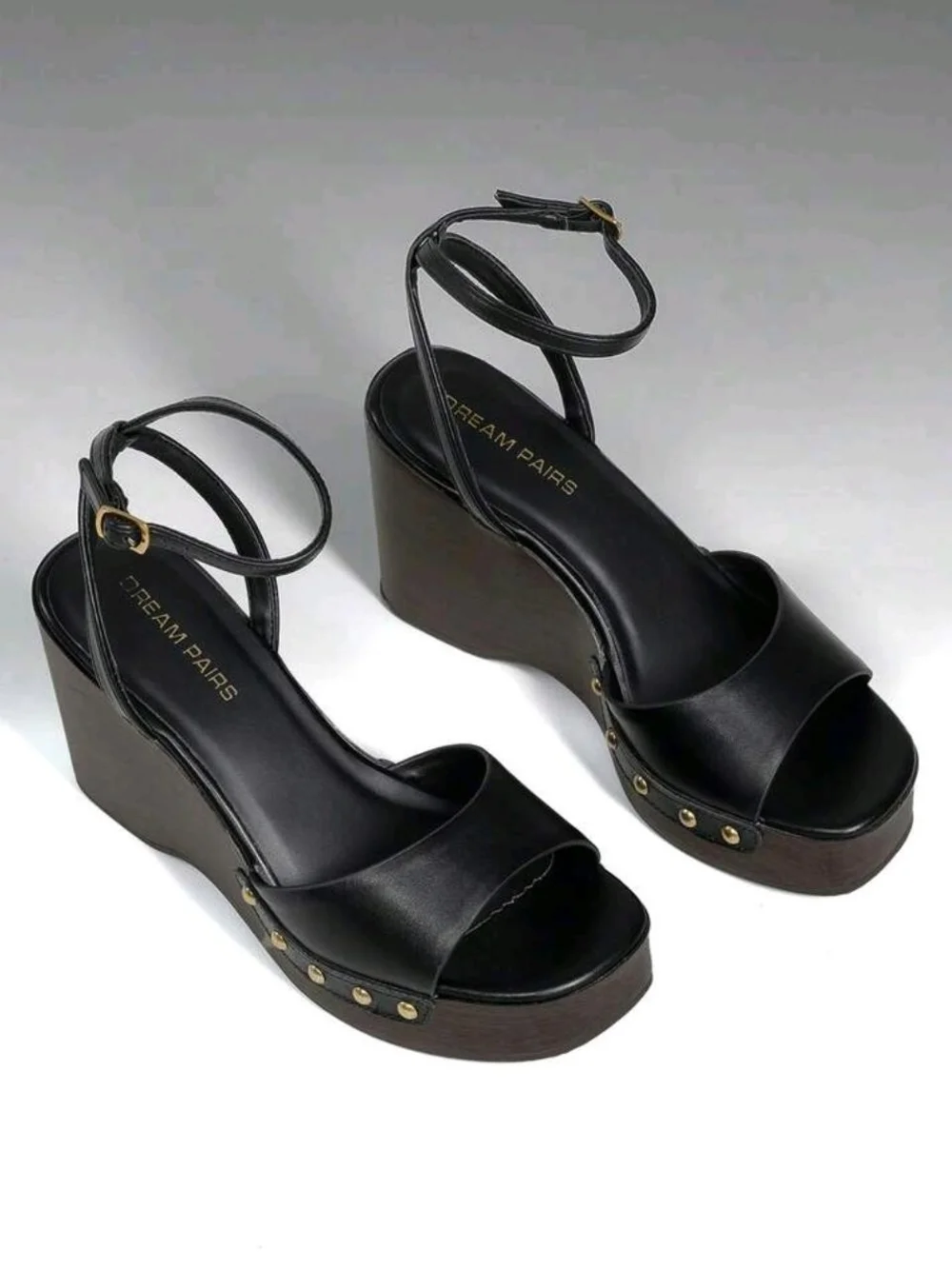 Dream Pairs Black Leather Ankle-Strap Platform Wedges with Gold Accents